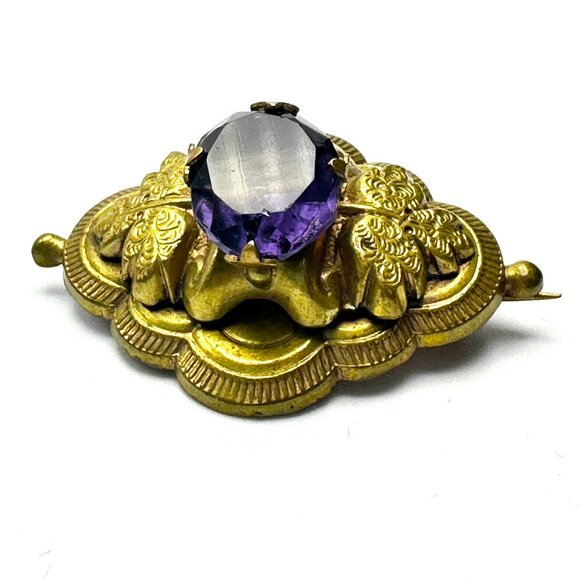Victorian 1870s Gilt Brass Amethyst Brooch—Dimensional Leaf Design — GUC - Picture 1 of 10